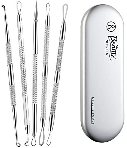 Beauté Secrets Essentials Blackhead Remover Pimple Comedone Extractor Tool, Acne Removal Kit - Treatment for Blemish, Whitehead Popping, Zit Removing for Nose Face Skin with Metal Case, Silver - Image 1