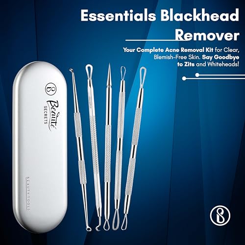 Beauté Secrets Essentials Blackhead Remover Pimple Comedone Extractor Tool, Acne Removal Kit - Treatment for Blemish, Whitehead Popping, Zit Removing for Nose Face Skin with Metal Case, Silver - Image 2
