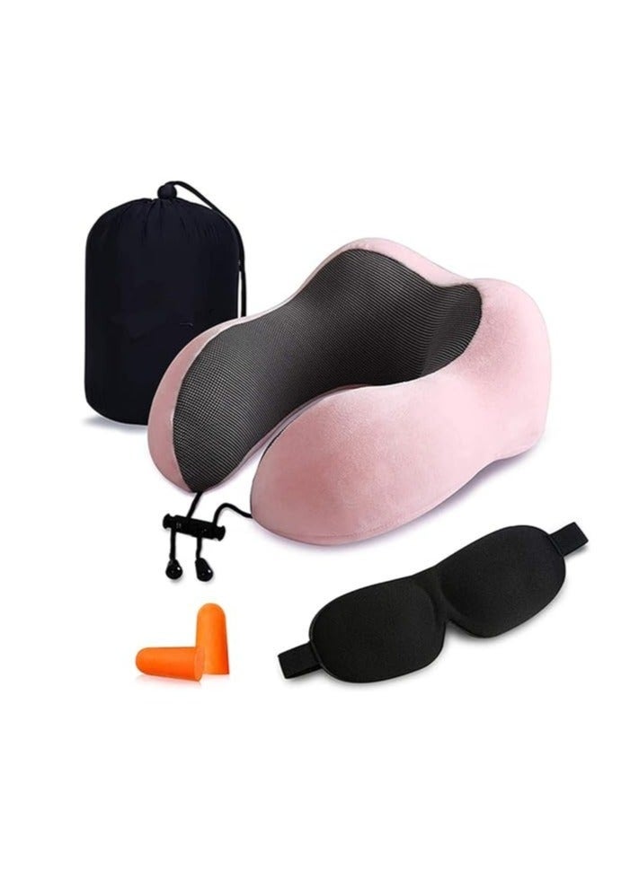 Travel neck pillow with eye mask and earplugs, made of pure memory foam, specially designed for use on planes, in cars and at home, relieves neck and shoulder pain, soft pillow suitable for travel and sleep (pink) - Image 1