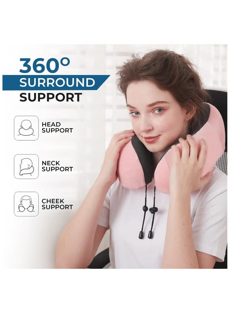 Travel neck pillow with eye mask and earplugs, made of pure memory foam, specially designed for use on planes, in cars and at home, relieves neck and shoulder pain, soft pillow suitable for travel and sleep (pink) - Image 2