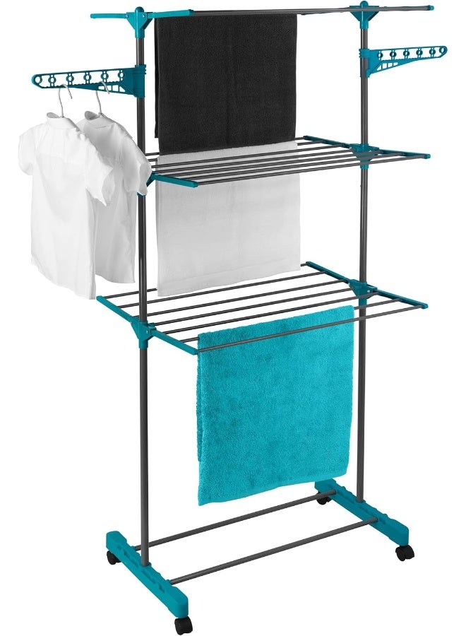 Beldray LA023773TQ Three Tier Deluxe Clothes Airer – Foldable Indoor Laundry Rack, Portable Clothes Horse with Four Wheels, Standing Laundry Dryer with 15 M Drying Space, Holds up to 15 KG, Turquoise - Image 3