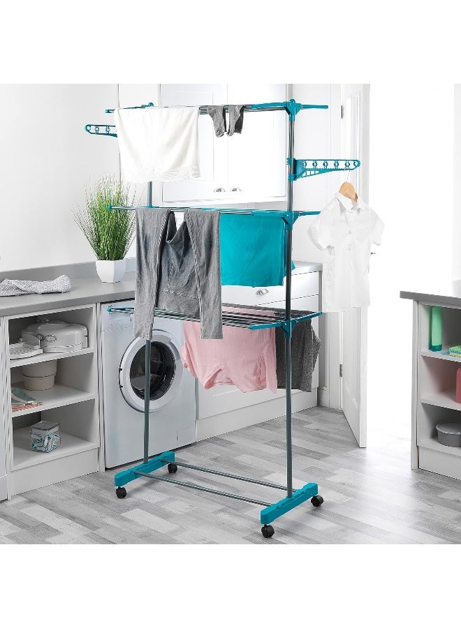 Beldray LA023773TQ Three Tier Deluxe Clothes Airer – Foldable Indoor Laundry Rack, Portable Clothes Horse with Four Wheels, Standing Laundry Dryer with 15 M Drying Space, Holds up to 15 KG, Turquoise - Image 5