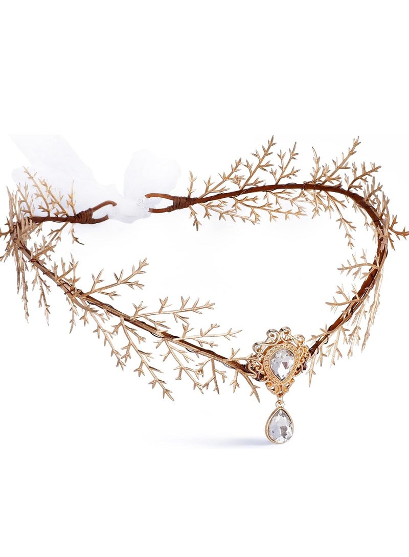 SYOSI Gold Elf Flower Crown Handmade Fairy Floral Headband Woodland Elven Headpiece with Rhinestone Accessory for Women Girls Wedding Cosplay Prom Photoshoot - Image 1