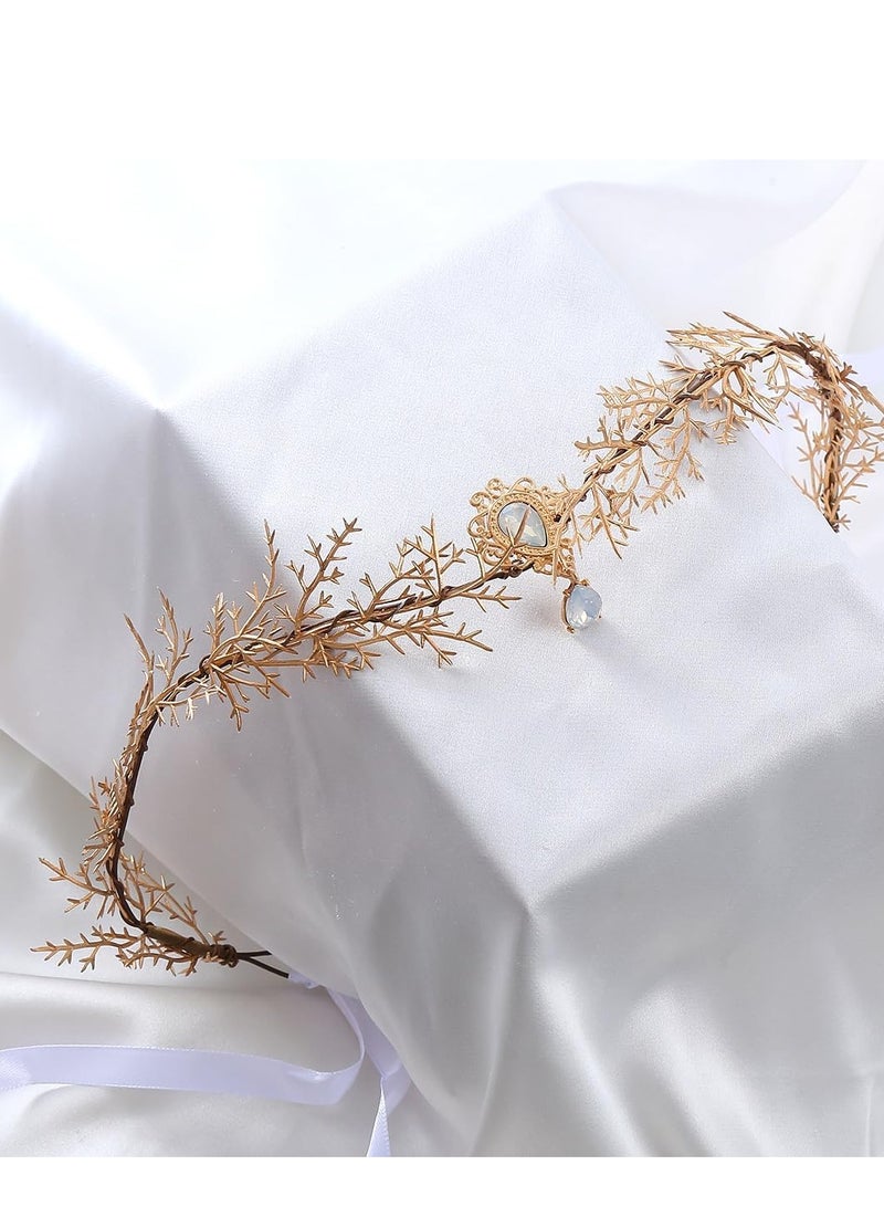 SYOSI Gold Elf Flower Crown Handmade Fairy Floral Headband Woodland Elven Headpiece with Rhinestone Accessory for Women Girls Wedding Cosplay Prom Photoshoot - Image 5