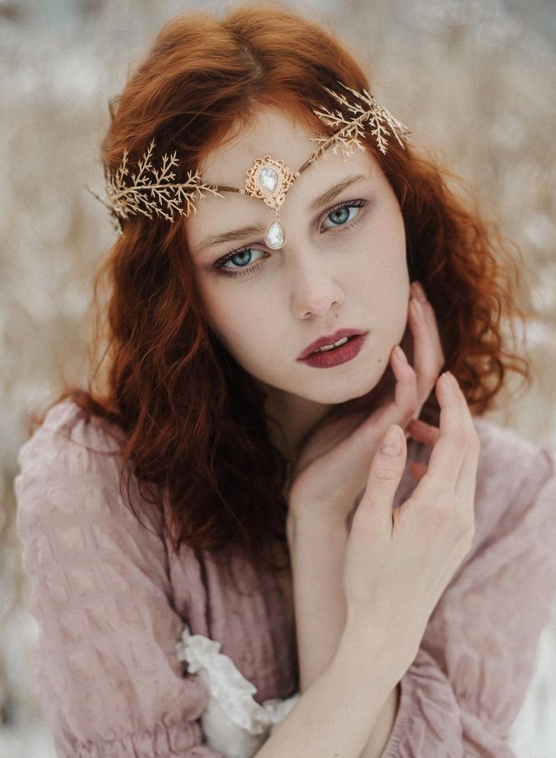SYOSI Gold Elf Flower Crown Handmade Fairy Floral Headband Woodland Elven Headpiece with Rhinestone Accessory for Women Girls Wedding Cosplay Prom Photoshoot - Image 2