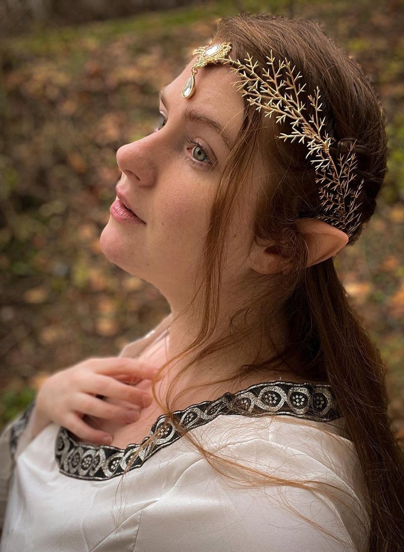 SYOSI Gold Elf Flower Crown Handmade Fairy Floral Headband Woodland Elven Headpiece with Rhinestone Accessory for Women Girls Wedding Cosplay Prom Photoshoot - Image 3