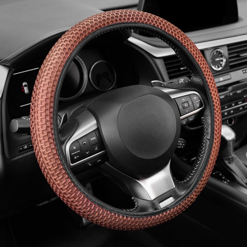 Alpmosn Elastic Stretch Steering Wheel Cover Breathable Microfiber Ice Silk AntiSlip Easy Carry Universal Interior Accessories Steering Wheel Cover for Women Men BrownBlack - Image 3