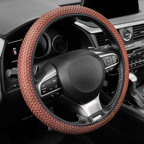 Alpmosn Elastic Stretch Steering Wheel Cover Breathable Microfiber Ice Silk AntiSlip Easy Carry Universal Interior Accessories Steering Wheel Cover for Women Men BrownBlack - Image 1