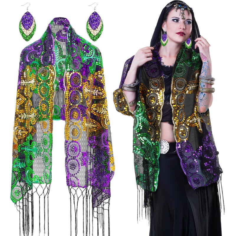 Breathffy Mardi Gras Costume for Women Mardi Gras Outfit Accessories Glitter Shawl Scarf with Earrings for Masquerade Carnival Party - Image 1