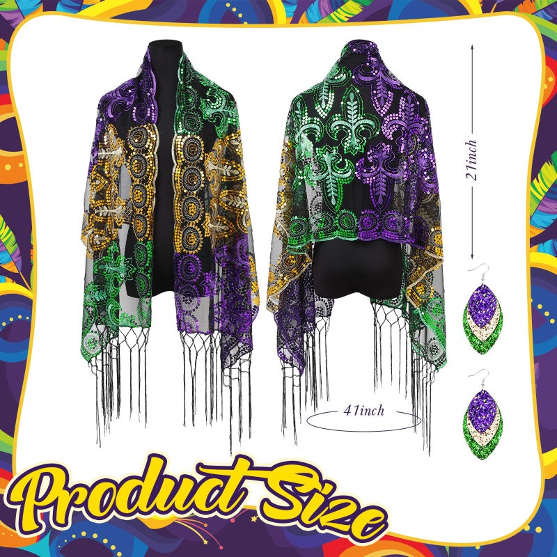 Breathffy Mardi Gras Costume for Women Mardi Gras Outfit Accessories Glitter Shawl Scarf with Earrings for Masquerade Carnival Party - Image 2