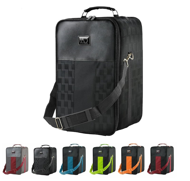Adolfo Design Small Wig Travel Box with Top Handle, Shoulder Strap & Double Zipper, Carrying Case with Removable Head-Holding Base - Black Square Design - by Adolfo Design 