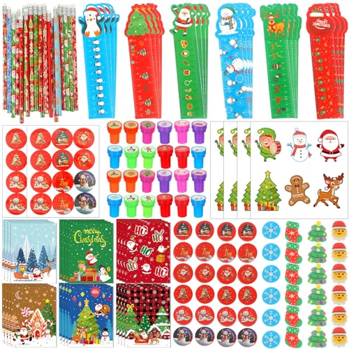 Cholemy 216 Pcs Christmas Party Supplies Includes Snowman Rulers Erasers Notebooks Stamps Treat Bags Stickers Sharpeners for Prizes Holiday GiftsStylish - Image 1
