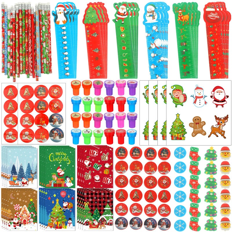 Cholemy 216 Pcs Christmas Party Supplies Includes Snowman Rulers Erasers Notebooks Stamps Treat Bags Stickers Sharpeners for Prizes Holiday GiftsStylish - Image 3