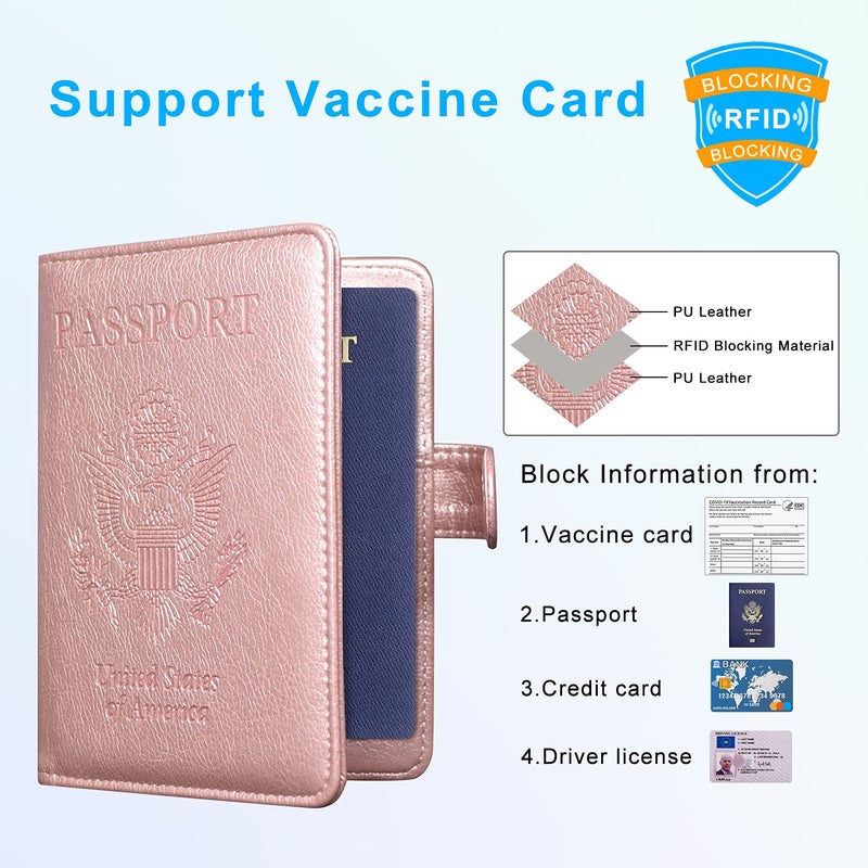 ACdream Passport and Vaccine Card Holder Combo, Cover Case with CDC Vaccination Card Slot, Leather Travel Documents Organizer Protector, with RFID Blocking, for Women and Men, Rose Gold - Image 3