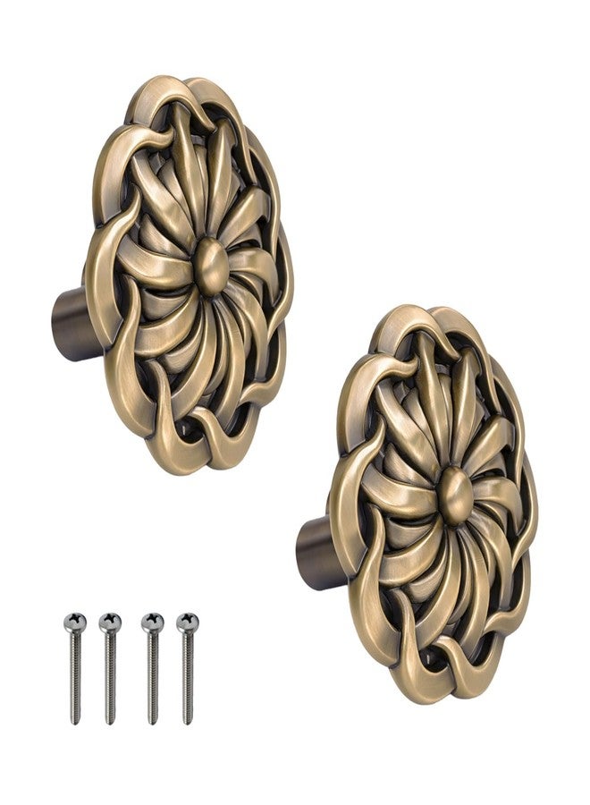 VOLO Antique Brass Cabinet Knob Pack of 2 | Round Flower Drawer Knob | Cupboard Wardrobe Door Knob | Zinc Alloy | with Screws - Image 1