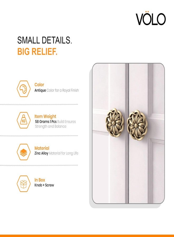 VOLO Antique Brass Cabinet Knob Pack of 2 | Round Flower Drawer Knob | Cupboard Wardrobe Door Knob | Zinc Alloy | with Screws - Image 3