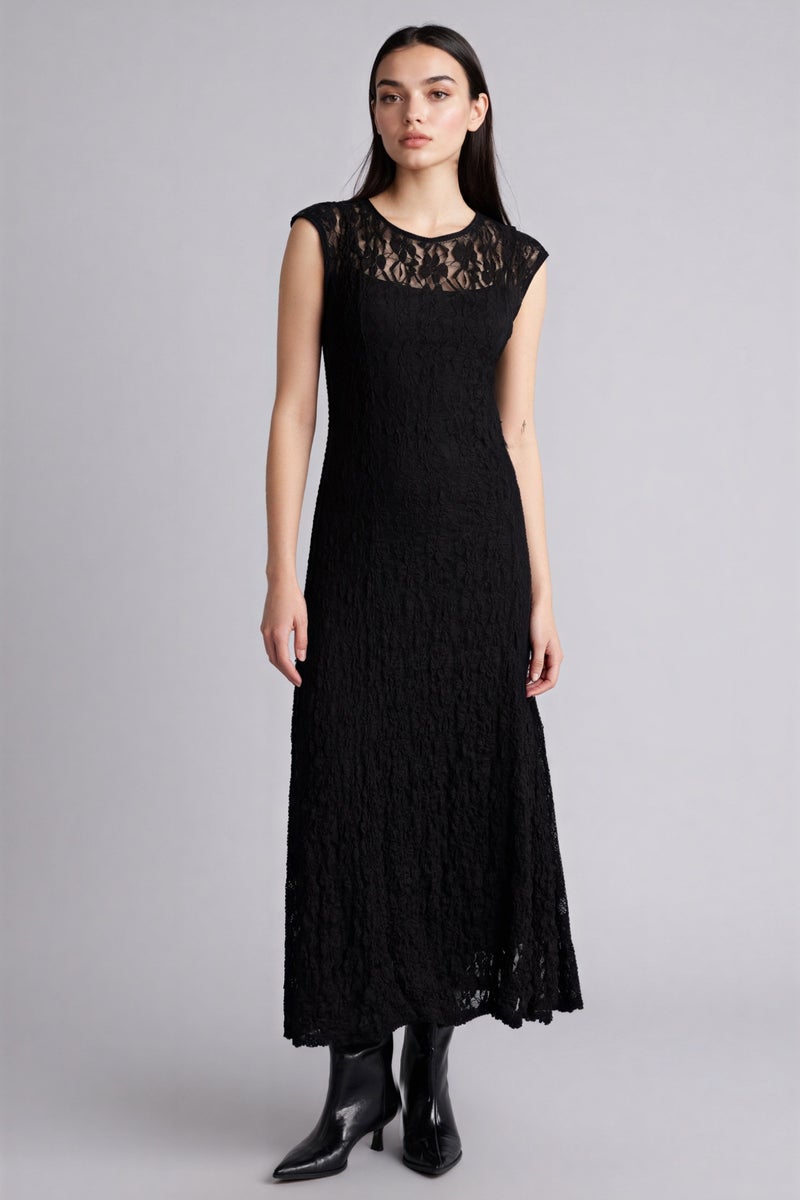 DeFacto Black Woman Slim Fit Crew Neck Lace Sleeveless Maxi Dress Casual - Image 1