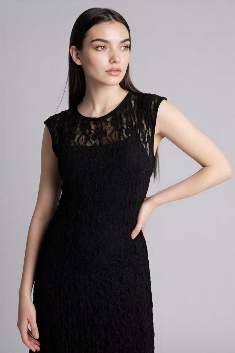 DeFacto Black Woman Slim Fit Crew Neck Lace Sleeveless Maxi Dress Casual - Image 3