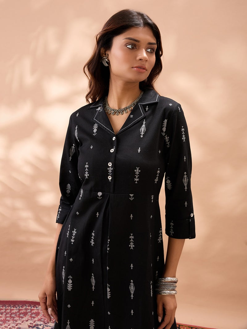 globus Globus Women Black Notched Lapel Roll Up Sleeves Ethnic Print A-Line Midi Dress  - Image 5