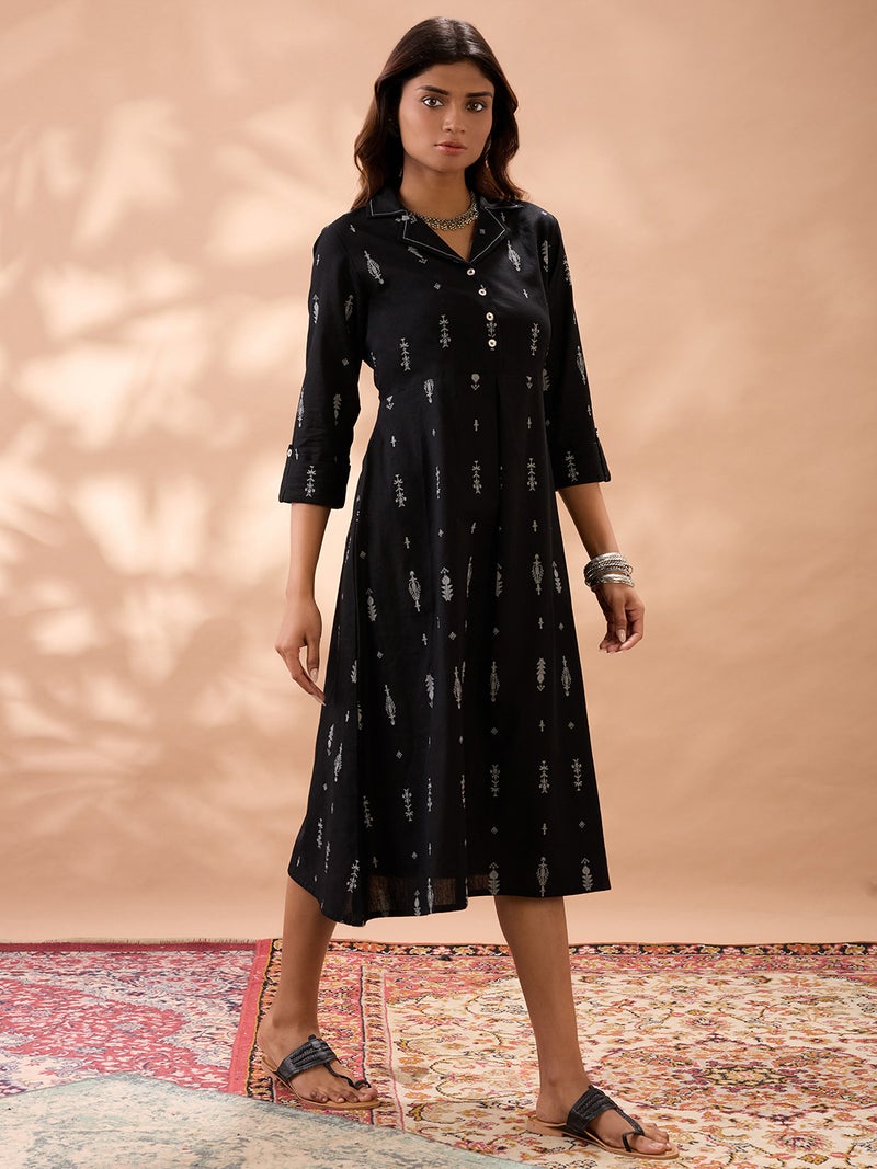globus Globus Women Black Notched Lapel Roll Up Sleeves Ethnic Print A-Line Midi Dress  - Image 2