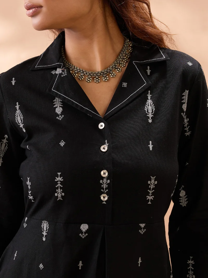 globus Women Black Notched Lapel Roll Up Sleeves Ethnic Print A-Line Midi Dress