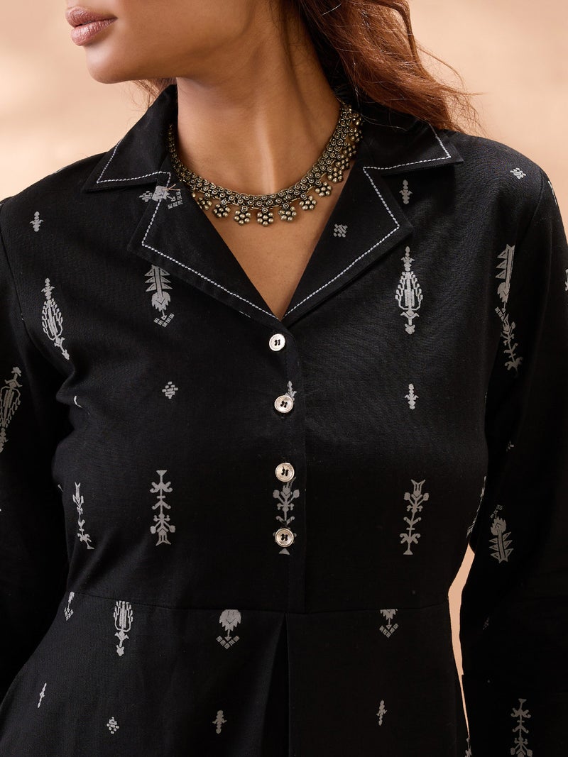 globus Globus Women Black Notched Lapel Roll Up Sleeves Ethnic Print A-Line Midi Dress  - Image 4