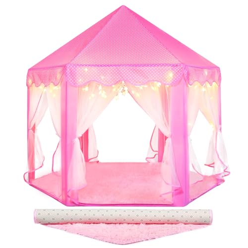 Senodeer Princess Tent for Girls Indoor with Rug Star Lights  Pink Play Tent for Kids Girls Toys for Indoor and Outdoor Games Princess Castle Playhouse - Image 1