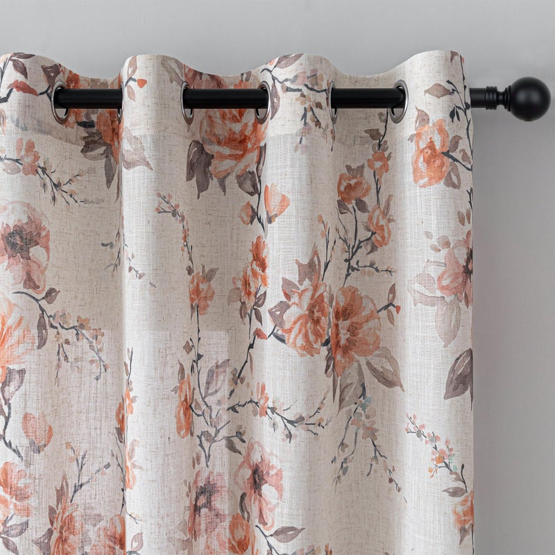 MEETSKY Floral Curtains 84 Inch Length for Living Room, Orange Rose Printed Grommet Linen Spring Drapes for Bedroom, Light Filtering Semi Sheer Botanical Window Drapes 2 Panels, Each 52 Inch Wide - Image 1