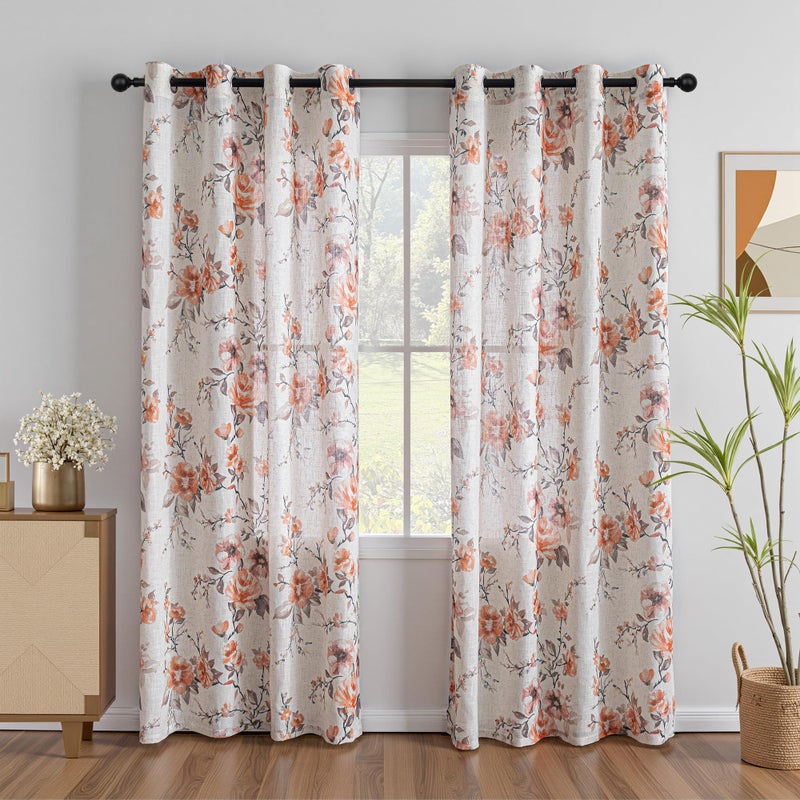 MEETSKY Floral Curtains 84 Inch Length for Living Room, Orange Rose Printed Grommet Linen Spring Drapes for Bedroom, Light Filtering Semi Sheer Botanical Window Drapes 2 Panels, Each 52 Inch Wide - Image 2