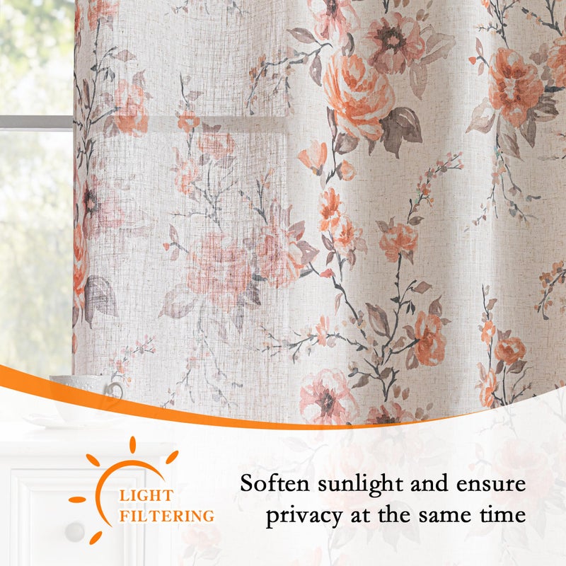 MEETSKY Floral Curtains 84 Inch Length for Living Room, Orange Rose Printed Grommet Linen Spring Drapes for Bedroom, Light Filtering Semi Sheer Botanical Window Drapes 2 Panels, Each 52 Inch Wide - Image 4