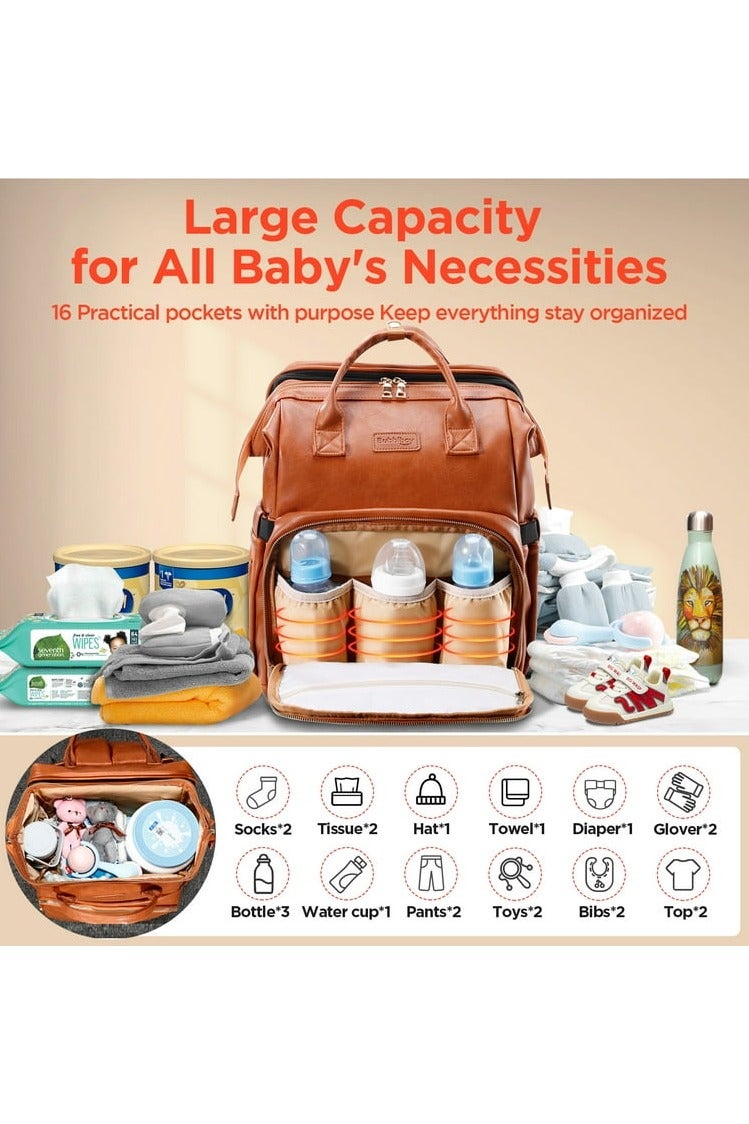 A special bag for newborn needs and equipment. It is a brown leather bag that is water-resistant, lightweight, and of high quality. It can be carried on the shoulder, hand, or back. It is multi-functional. You can open the bag to transform it into a crib for changing diapers or taking the baby to sleep. It also has a sun protection cover when needed. The bed is foldable and easy to assemble, so do not worry when going out about not having a room to change diapers. The bag is essential for working mothers or travelers. You need it when shopping, in the park, in public places, or when putting the baby in the nursery, for events, and for daily use. It has a large capacity and has 16 pockets, 3 pockets, and a holder for milk bottles. It is insulated with aluminum foil to maintain the temperature. It has two straps for hanging the bag on the stroller when outings so that the bag holder is not on your shoulder all the time. It can be an ideal gift for a mother and her newborn baby. - Image 2