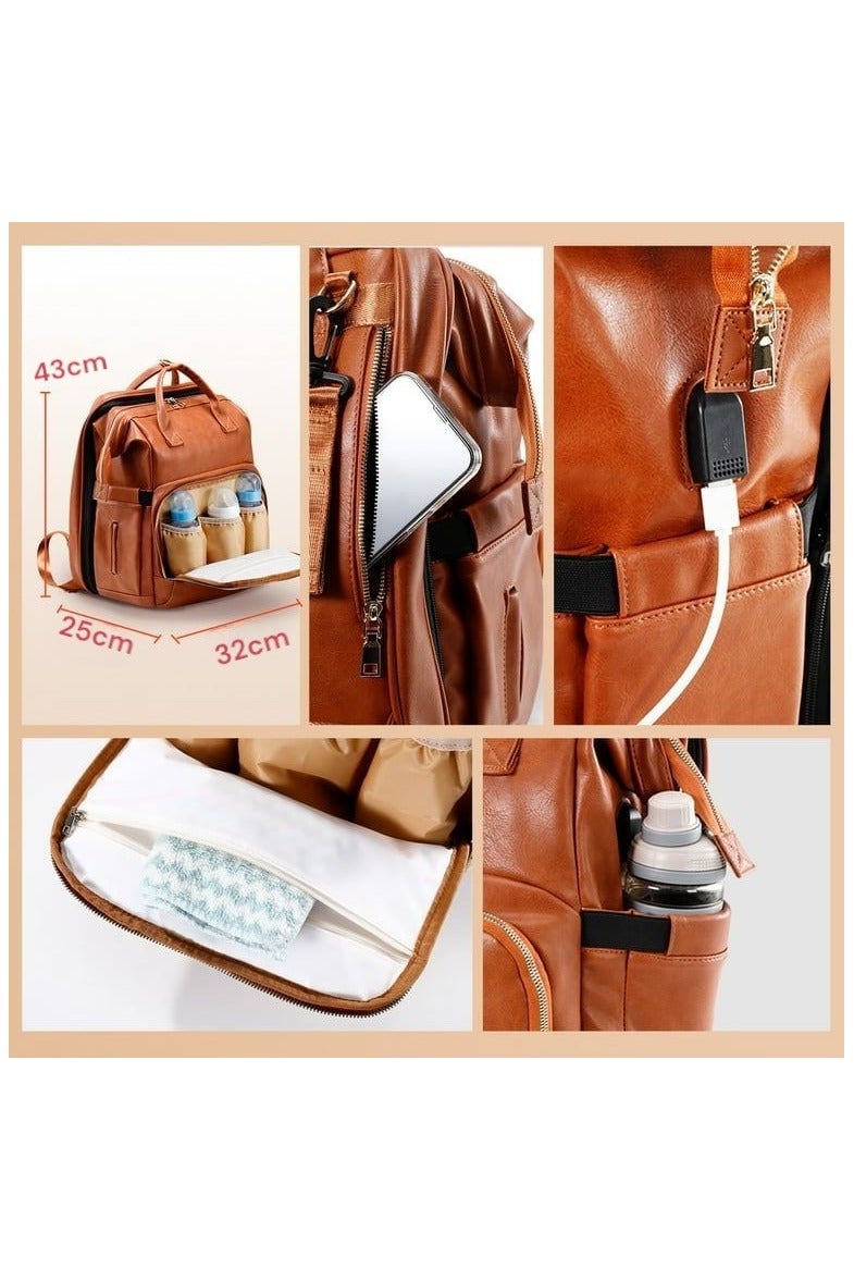 A special bag for newborn needs and equipment. It is a brown leather bag that is water-resistant, lightweight, and of high quality. It can be carried on the shoulder, hand, or back. It is multi-functional. You can open the bag to transform it into a crib for changing diapers or taking the baby to sleep. It also has a sun protection cover when needed. The bed is foldable and easy to assemble, so do not worry when going out about not having a room to change diapers. The bag is essential for working mothers or travelers. You need it when shopping, in the park, in public places, or when putting the baby in the nursery, for events, and for daily use. It has a large capacity and has 16 pockets, 3 pockets, and a holder for milk bottles. It is insulated with aluminum foil to maintain the temperature. It has two straps for hanging the bag on the stroller when outings so that the bag holder is not on your shoulder all the time. It can be an ideal gift for a mother and her newborn baby. - Image 3