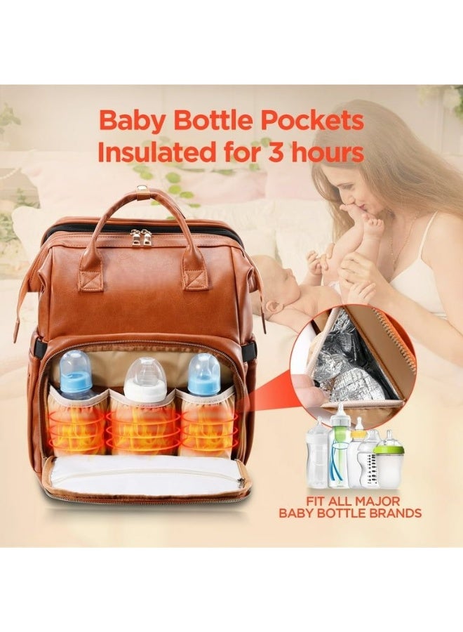 A special bag for newborn needs and equipment. It is a brown leather bag that is water-resistant, lightweight, and of high quality. It can be carried on the shoulder, hand, or back. It is multi-functional. You can open the bag to transform it into a crib for changing diapers or taking the baby to sleep. It also has a sun protection cover when needed. The bed is foldable and easy to assemble, so do not worry when going out about not having a room to change diapers. The bag is essential for working mothers or travelers. You need it when shopping, in the park, in public places, or when putting the baby in the nursery, for events, and for daily use. It has a large capacity and has 16 pockets, 3 pockets, and a holder for milk bottles. It is insulated with aluminum foil to maintain the temperature. It has two straps for hanging the bag on the stroller when outings so that the bag holder is not on your shoulder all the time. It can be an ideal gift for a mother and her newborn baby. - Image 5