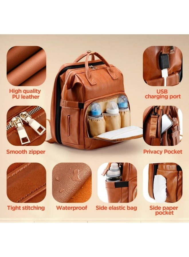A special bag for newborn needs and equipment. It is a brown leather bag that is water-resistant, lightweight, and of high quality. It can be carried on the shoulder, hand, or back. It is multi-functional. You can open the bag to transform it into a crib for changing diapers or taking the baby to sleep. It also has a sun protection cover when needed. The bed is foldable and easy to assemble, so do not worry when going out about not having a room to change diapers. The bag is essential for working mothers or travelers. You need it when shopping, in the park, in public places, or when putting the baby in the nursery, for events, and for daily use. It has a large capacity and has 16 pockets, 3 pockets, and a holder for milk bottles. It is insulated with aluminum foil to maintain the temperature. It has two straps for hanging the bag on the stroller when outings so that the bag holder is not on your shoulder all the time. It can be an ideal gift for a mother and her newborn baby. - Image 4
