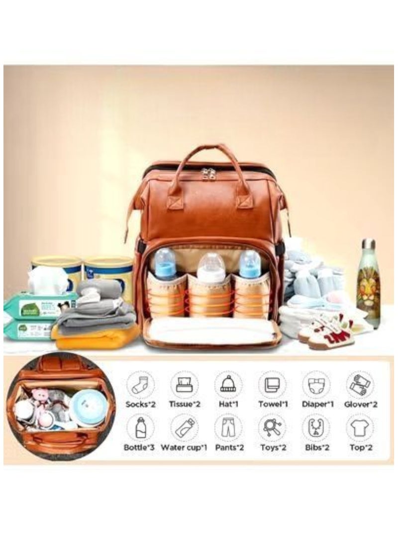 حقيبة خاصه لأحتيجات و تجهيزات المواليد هي حقيبة جلد لون بني مقاومة للماء و خفيفة الوزن و جودة عالية محمولة على الكتف او اليد او الظهر متعددة الوظائف تستطيع فتح الحقيبة للتحول الي مهد سرير لتغير الحفاظات او اخذ قيلولة الطفل مع غطاء واقي من الشمس عند الاحتياج السرير قابل للطي و سهل التجميع لذلك لا تقلق عند الخروج من عدم توفر غرفة لتغير الحفاضات الحقيبة ضرورية للآمهات العاملات او المسافرات تحتاجه عند التسوق او الحديقة او الاماكن العامة او عند وضع الطفل في الحضانة و المناسبات و الاستخدام اليومي سعته كبيرة و فيه 16 جيب 3 جيوب حامل لزجاجات الحليب معزولة برقائق الالمنيوم لحفظ درجة الحرارة تسطيع وضع علبة مسحوق الحليب و الحفاضات و الملابس الداخلية و الاحذية و اللعاب و مضخة حليب الثدي و التابلت ايضا فيها حزامين لتعليق الحقيبة على عربة الاطفال في حال التنزه حتى لا تكون حامل الحقيبة علي كتفك طوال الوقت ممكن تكون هدية مثالية للأم و طفلها حديث الولاده او هدية لحفلات استقبال المواليد الجدد و حتى هدية للابأء الجدد - Image 2