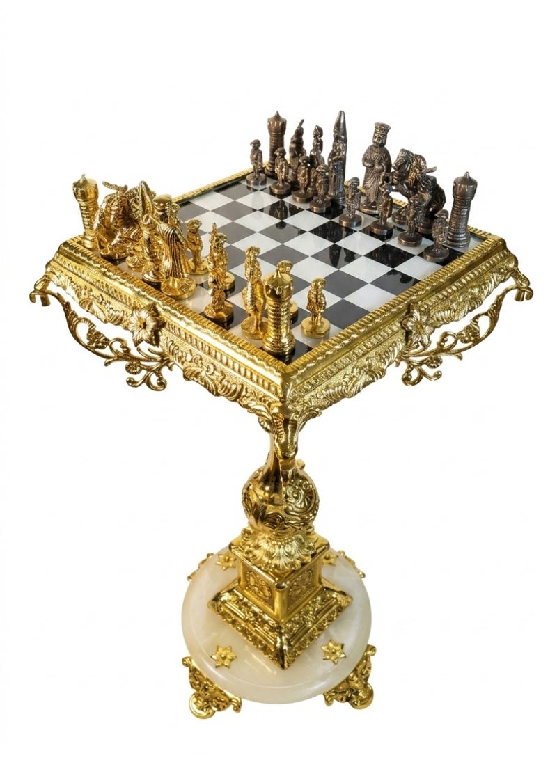 Imperial Brass Chess Table, Handcrafted with Solid Marble Base & Solid Brass Pieces, 71 cm Height - Image 3