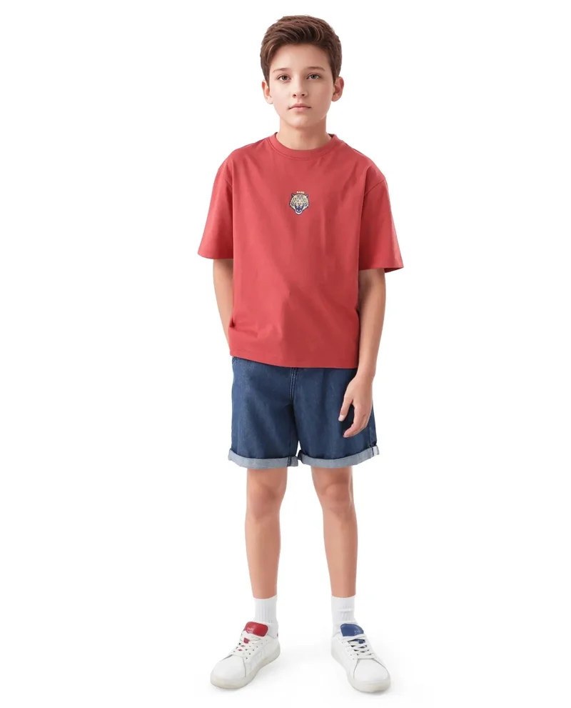 Rare Ones Rare Ones Kids Nate-T Dusky Red Cotton Printed Slip-On Oversized Fit T-Shirt