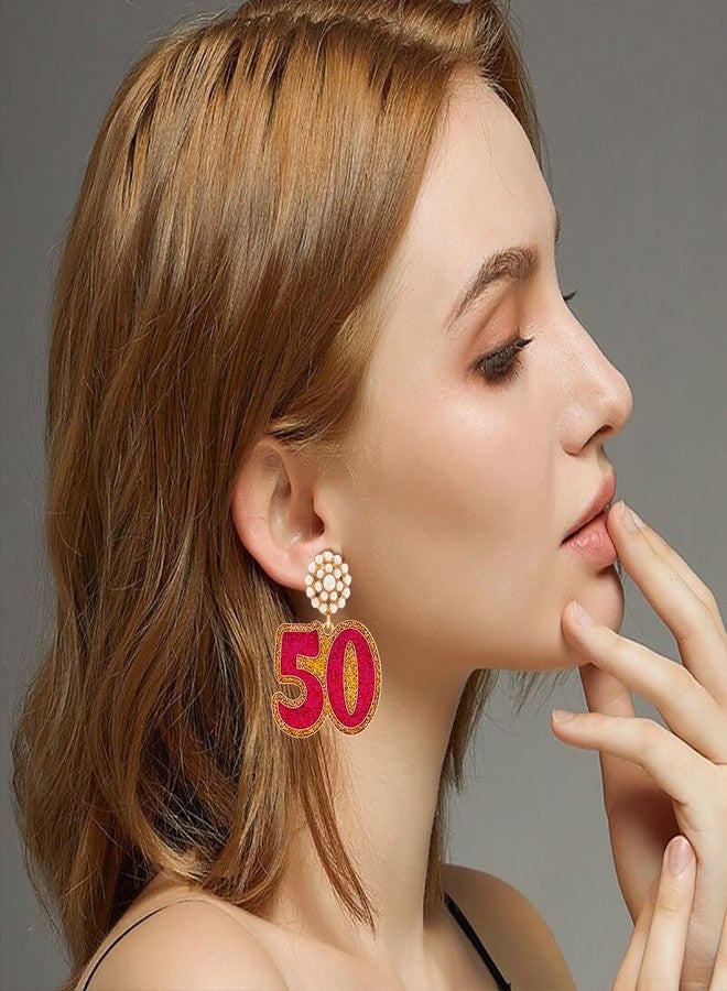 Izpack Birthday Decoration Drop Dangle Stud Earrings for Women Faux Pearl Enameled 40th 50th Birthday Dangling Statement Earring Elegant Anniversary Celebration Party Jewelry for Wife Mother (50) - Image 3
