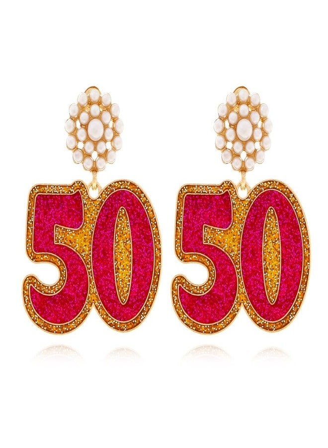 Izpack Birthday Decoration Drop Dangle Stud Earrings for Women Faux Pearl Enameled 40th 50th Birthday Dangling Statement Earring Elegant Anniversary Celebration Party Jewelry for Wife Mother (50) - Image 1
