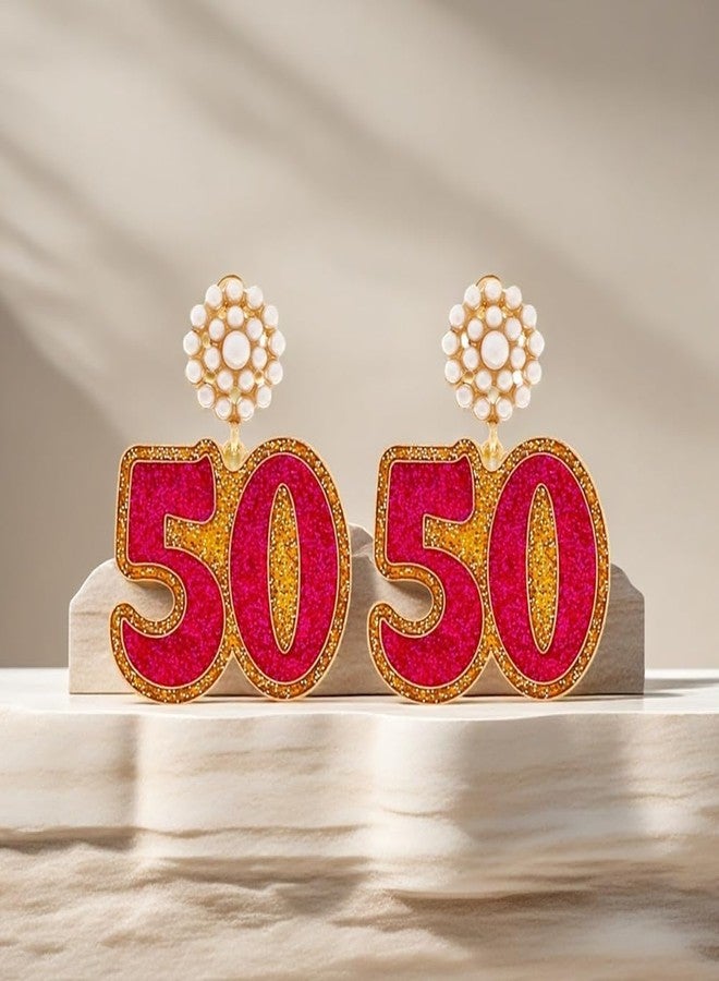 Izpack Birthday Decoration Drop Dangle Stud Earrings for Women Faux Pearl Enameled 40th 50th Birthday Dangling Statement Earring Elegant Anniversary Celebration Party Jewelry for Wife Mother (50) - Image 4