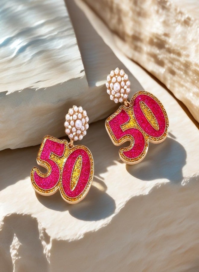 Izpack Birthday Decoration Drop Dangle Stud Earrings for Women Faux Pearl Enameled 40th 50th Birthday Dangling Statement Earring Elegant Anniversary Celebration Party Jewelry for Wife Mother (50) - Image 5
