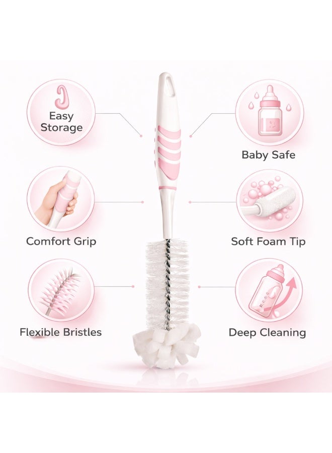 تيتيز فرشاة تنظيف رضاعات للأطفال بطرف إسفنجي ومقبض مانع للانزلاق تصميم 2 في 1 لتنظيف عميق للرضاعات والأكواب بطول 30.3 سم (وردي) - Image 3