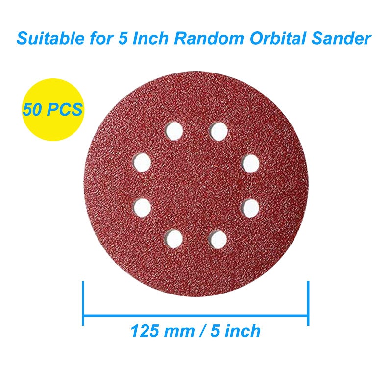 XBrand XBrand 50 Pcs 125mm Sanding Discs Pads, Premium 8 Hole 60 Grit Hook and Loop Sandpaper Sheet for Random Orbital Sander.  - Image 2