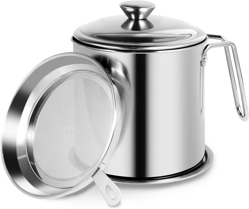 Mn Stainless Steel Oil Filter Pot | Oil Storage Container with Fine Mesh Strainer and Dustproof Lid Suitable for Storing Frying Oil and Cooking Grease | Cooking Oil Strainer (1.7L) - Image 1