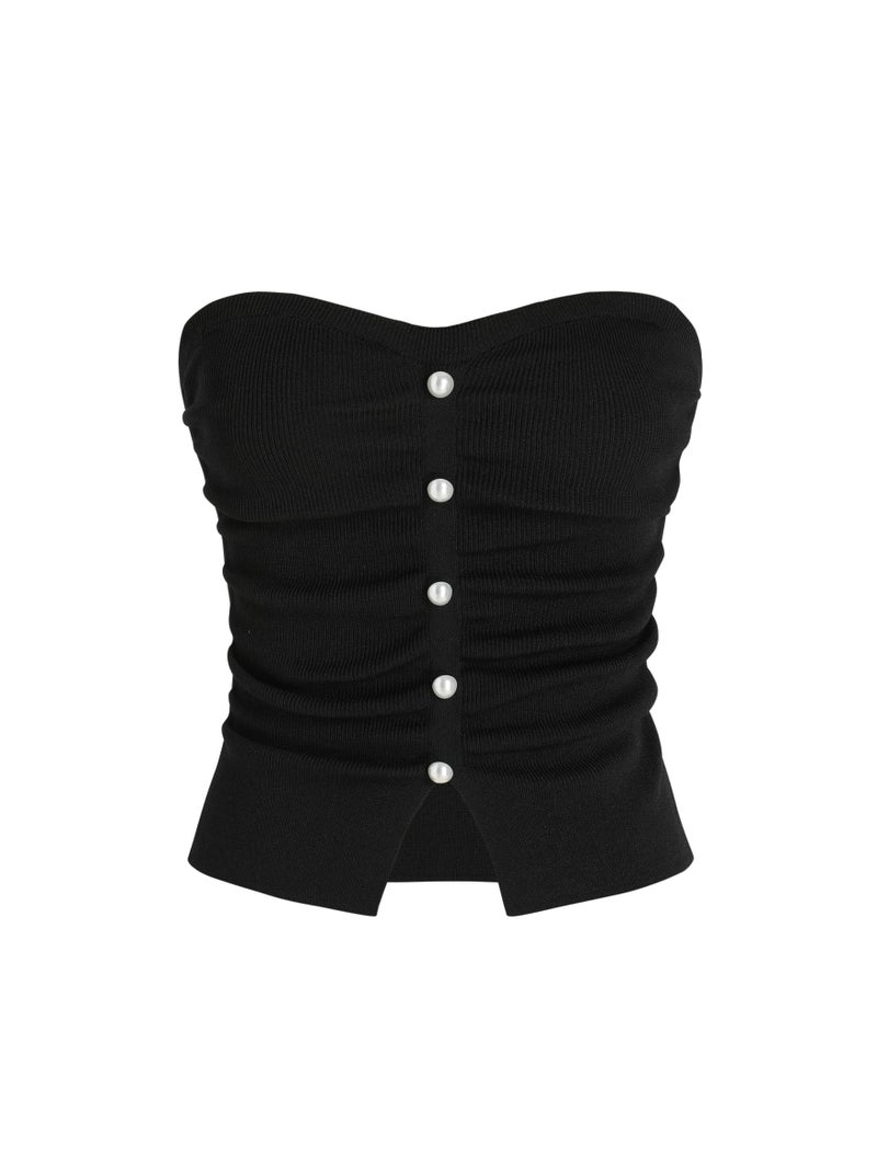 CIDER Faux Pearl Tube Tops for Women Crop Knit Split Hem Ruched Going Out Tops Cute Summer Outfits Y2K Black - Image 1