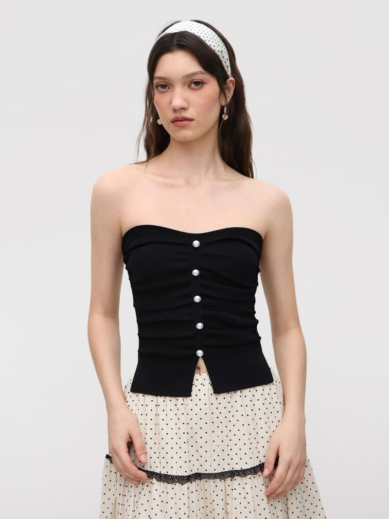 CIDER Faux Pearl Tube Tops for Women Crop Knit Split Hem Ruched Going Out Tops Cute Summer Outfits Y2K Black - Image 2