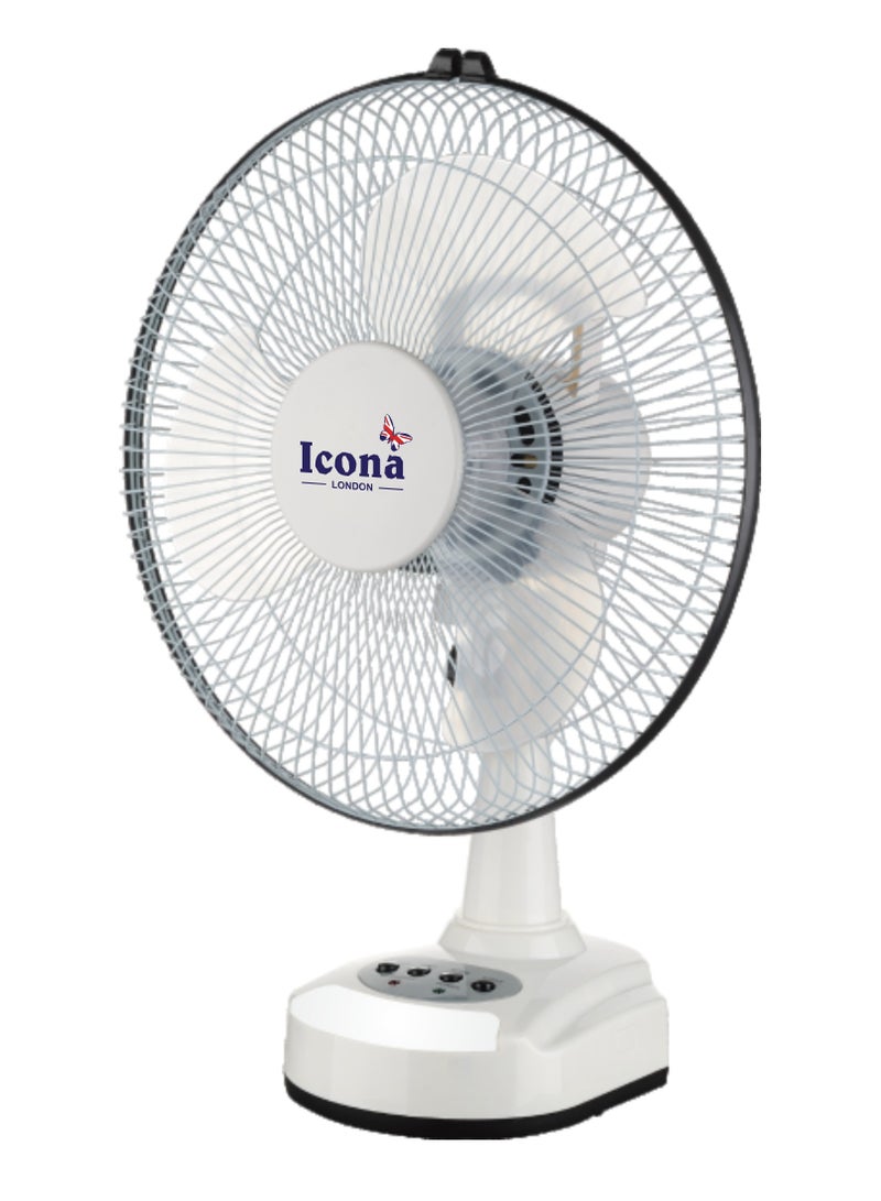 Icona 12 Inch Rechargeable Table Fan – AC/DC, Lithium Battery Operated, 3 Speed Adjustment, USB, Solar, and Electric Power Options – Portable Cooling Fan for Home, Outdoor, and Commercial Use - Image 1