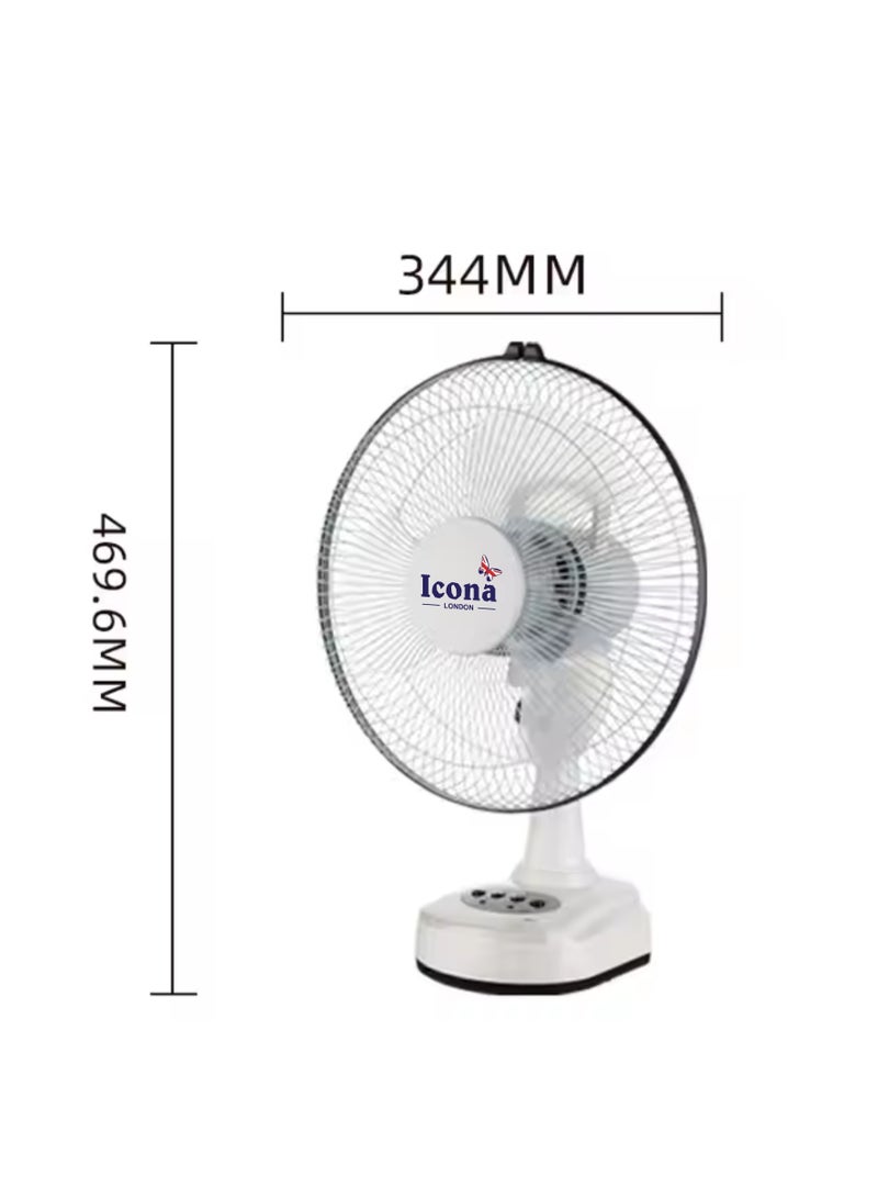 Icona 12 Inch Rechargeable Table Fan – AC/DC, Lithium Battery Operated, 3 Speed Adjustment, USB, Solar, and Electric Power Options – Portable Cooling Fan for Home, Outdoor, and Commercial Use - Image 2