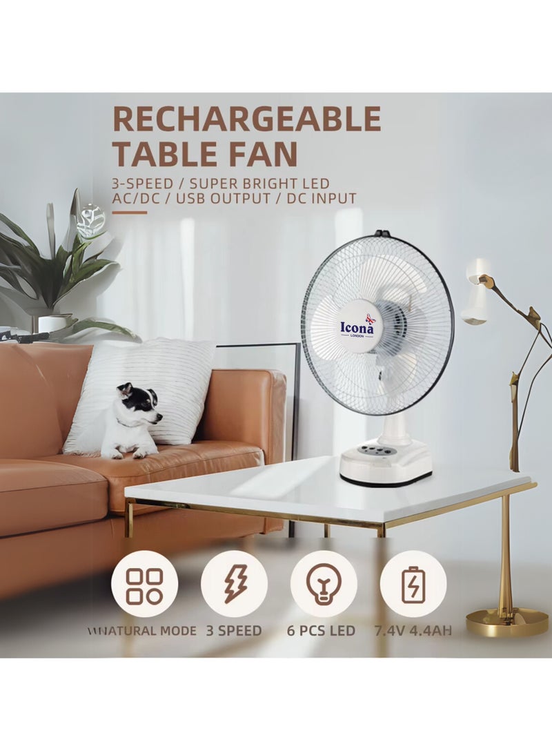 Icona 12 Inch Rechargeable Table Fan – AC/DC, Lithium Battery Operated, 3 Speed Adjustment, USB, Solar, and Electric Power Options – Portable Cooling Fan for Home, Outdoor, and Commercial Use - Image 3