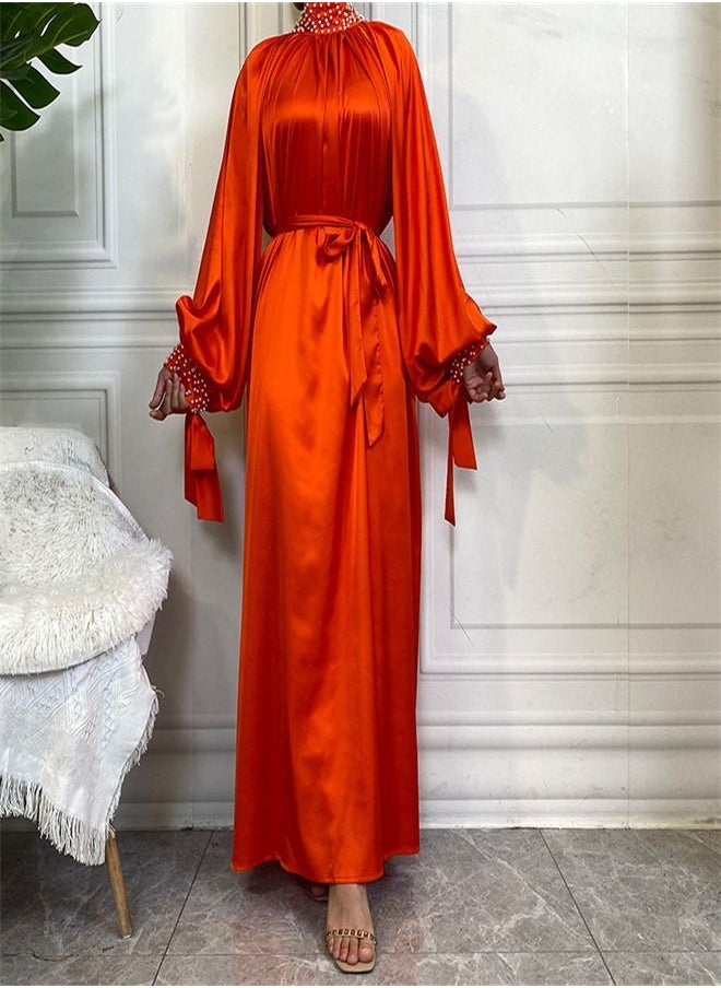 Loquat - Solid Satin White Pearl Dress Abaya Orange - Image 1